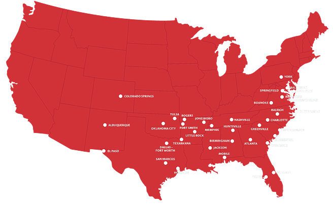 Red graphic of the United States with VSC locations marked.
